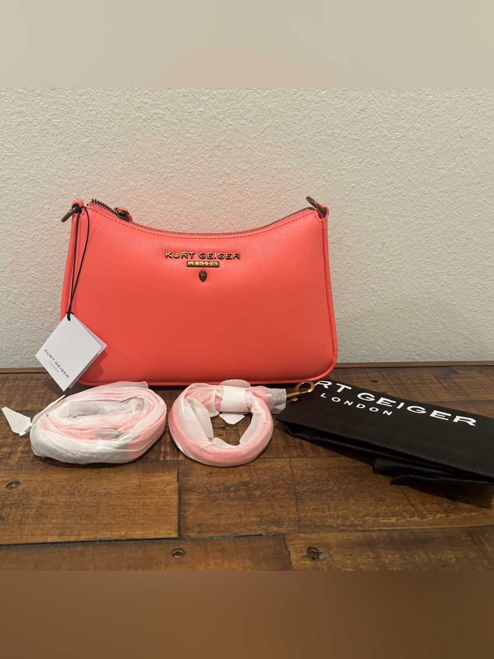 Kurt Geiger Coral Pink Leather Crossbody Bag with Gold Hardware